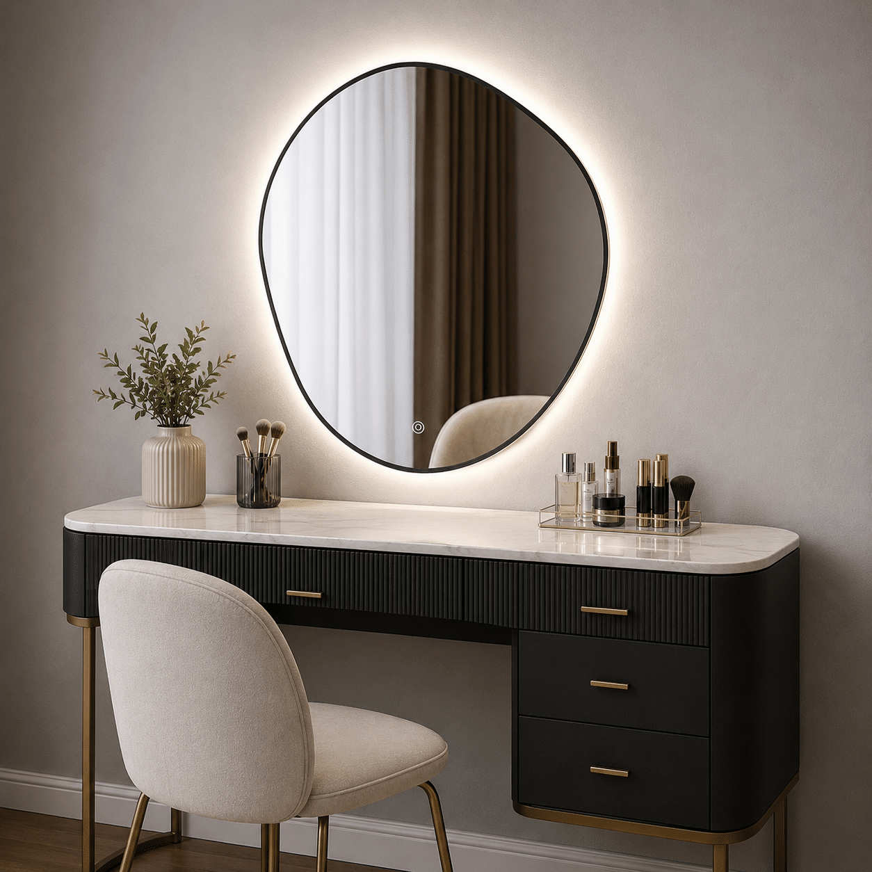 Oglindă LED Asimetrică Premium cu Ramă Neagră 70×90 cm, Lumină Spate, 3 Tipuri de Lumină – Calda, Rece, Neutra