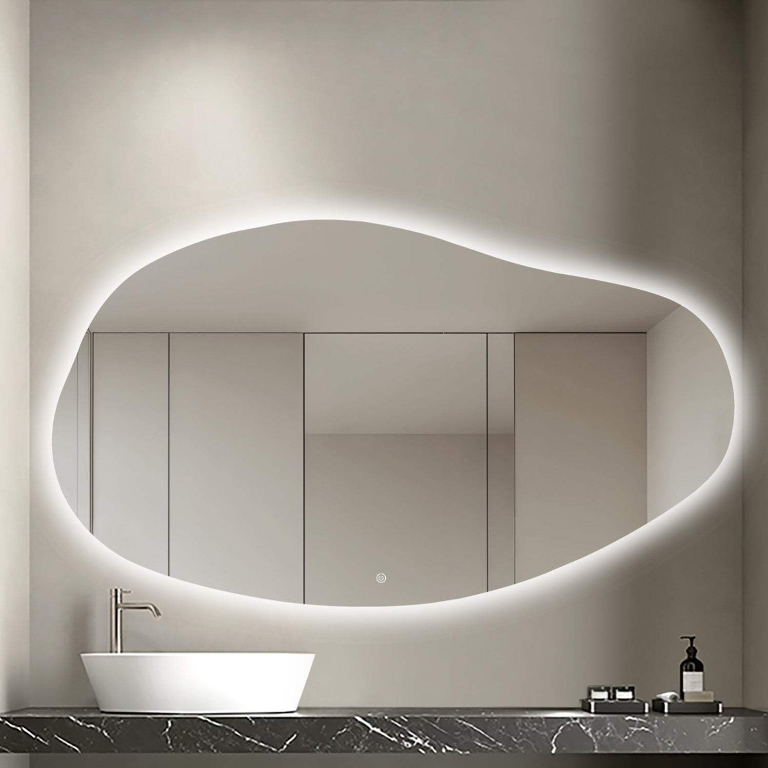 Oglinda LED Asimetrica Premium 140×90 cm, Touch, 3 Tipuri Lumina – Calda, Rece, Naturala