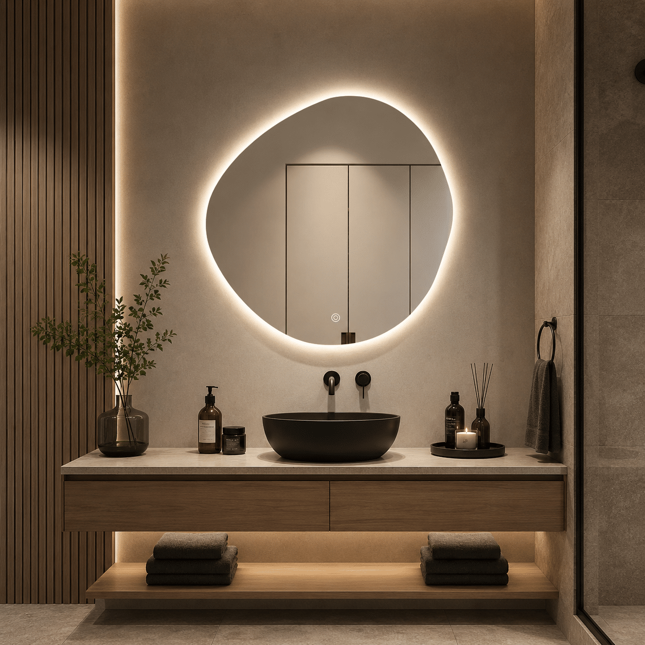Oglindă LED Asimetrică Premium 80×80 cm, Lumină Spate, 3 Tipuri de Lumină – Calda, Rece, Neutra