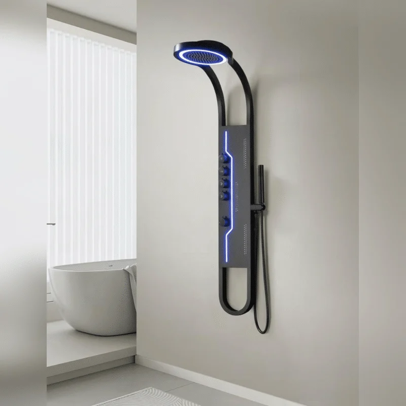 Panel de Dus Shark cu Efect de Ploaie si Jeturi cu Masaj, Design Unic, LED Incorporat, Negru