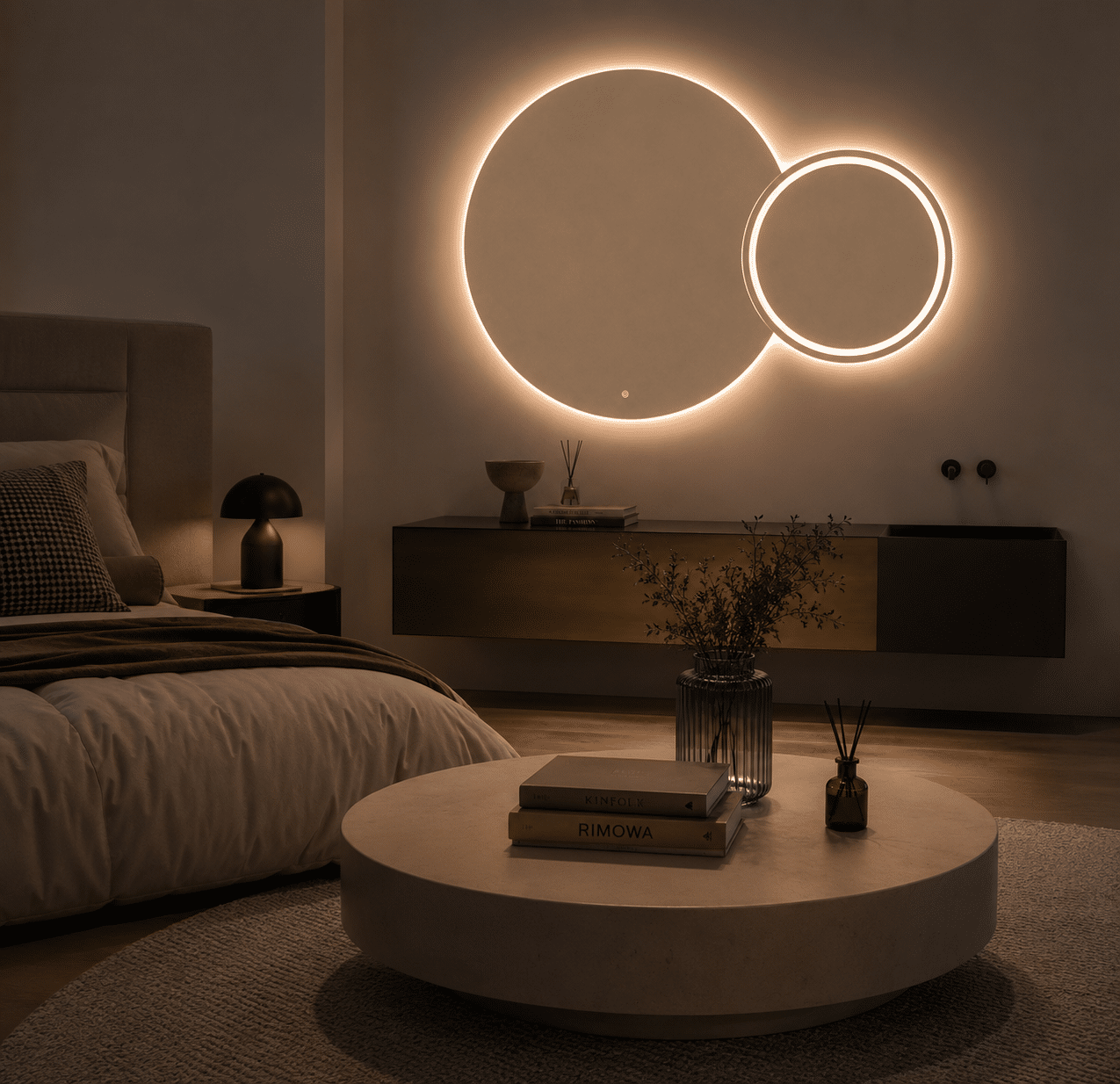 Oglindă LED Premium 2 Cercuri Suprapuse, Lumina Fata – Spate, 120x80x60 cm, Dimabilă, 3 Tipuri de Lumină, Touch, Copper-Free