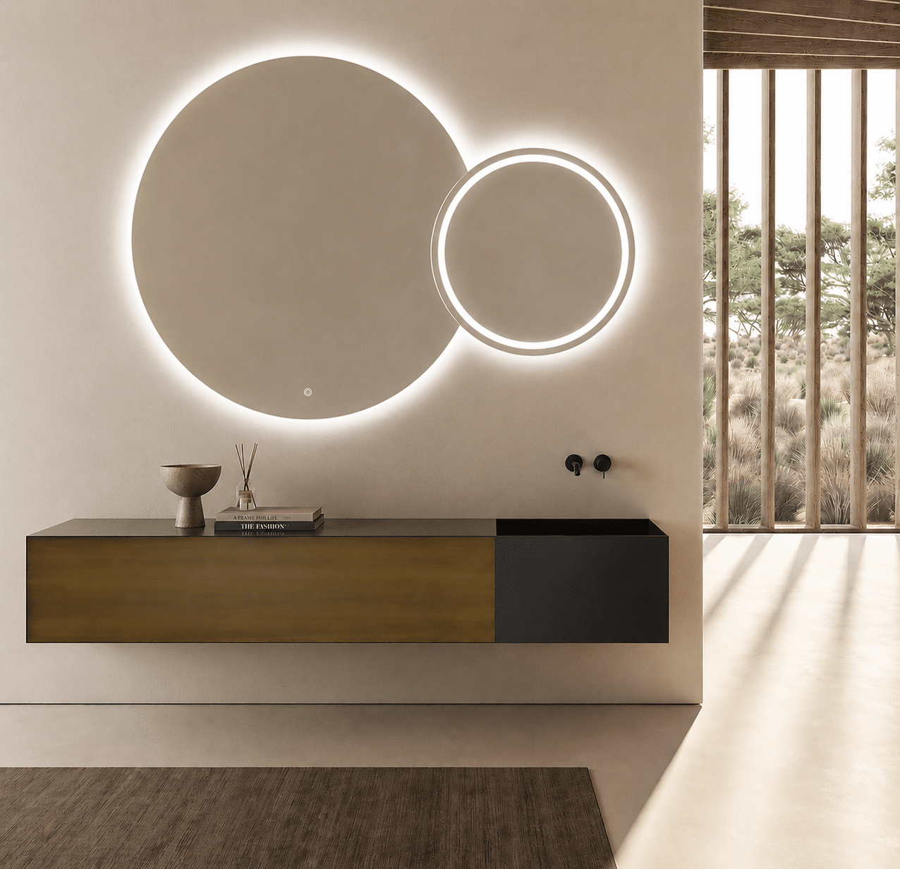 Oglindă LED Premium 2 Cercuri Suprapuse, Lumina Fata – Spate, 120x80x60 cm, Dimabilă, 3 Tipuri de Lumină, Touch, Copper-Free