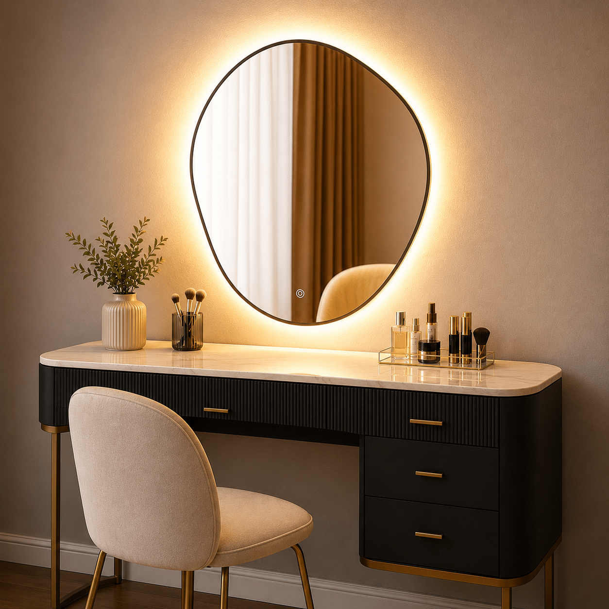 Oglindă LED Asimetrică Premium cu Ramă Neagră 70×90 cm, Lumină Spate, 3 Tipuri de Lumină – Calda, Rece, Neutra