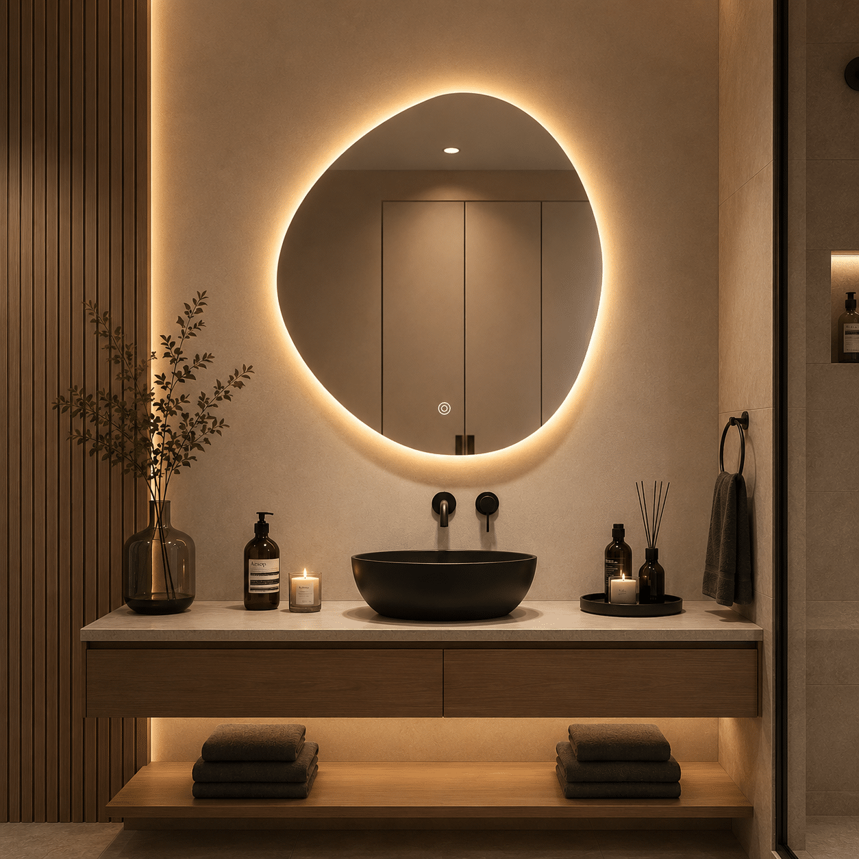 Oglindă LED Asimetrică Premium 80×80 cm, Lumină Spate, 3 Tipuri de Lumină – Calda, Rece, Neutra