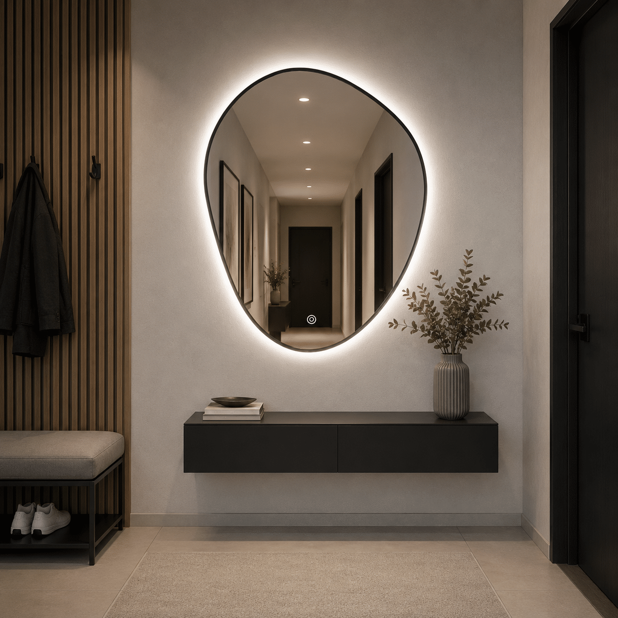 Oglindă LED Asimetrică Premium cu Ramă Neagră 70×90 cm, Lumină Spate, 3 Tipuri de Lumină – Calda, Rece, Neutra