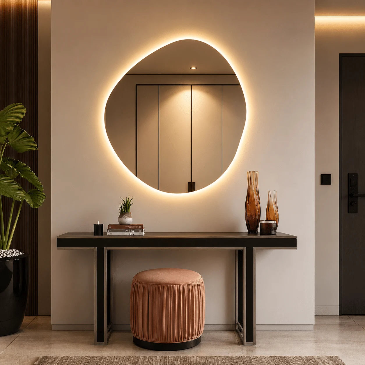 Oglindă LED Asimetrică Premium 80×80 cm, Lumină Spate, 3 Tipuri de Lumină – Calda, Rece, Neutra