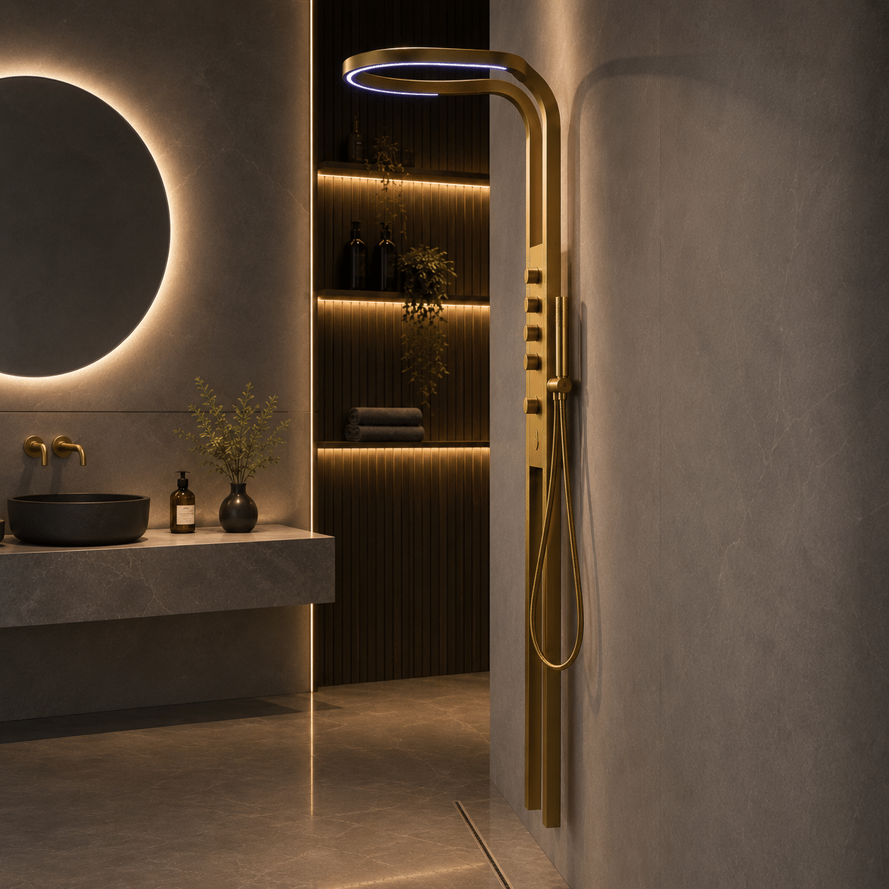 Panel de Dus Lux Imperial cu LED Inclus, Efect de Ploaie, 5 Functii Apa, Auriu