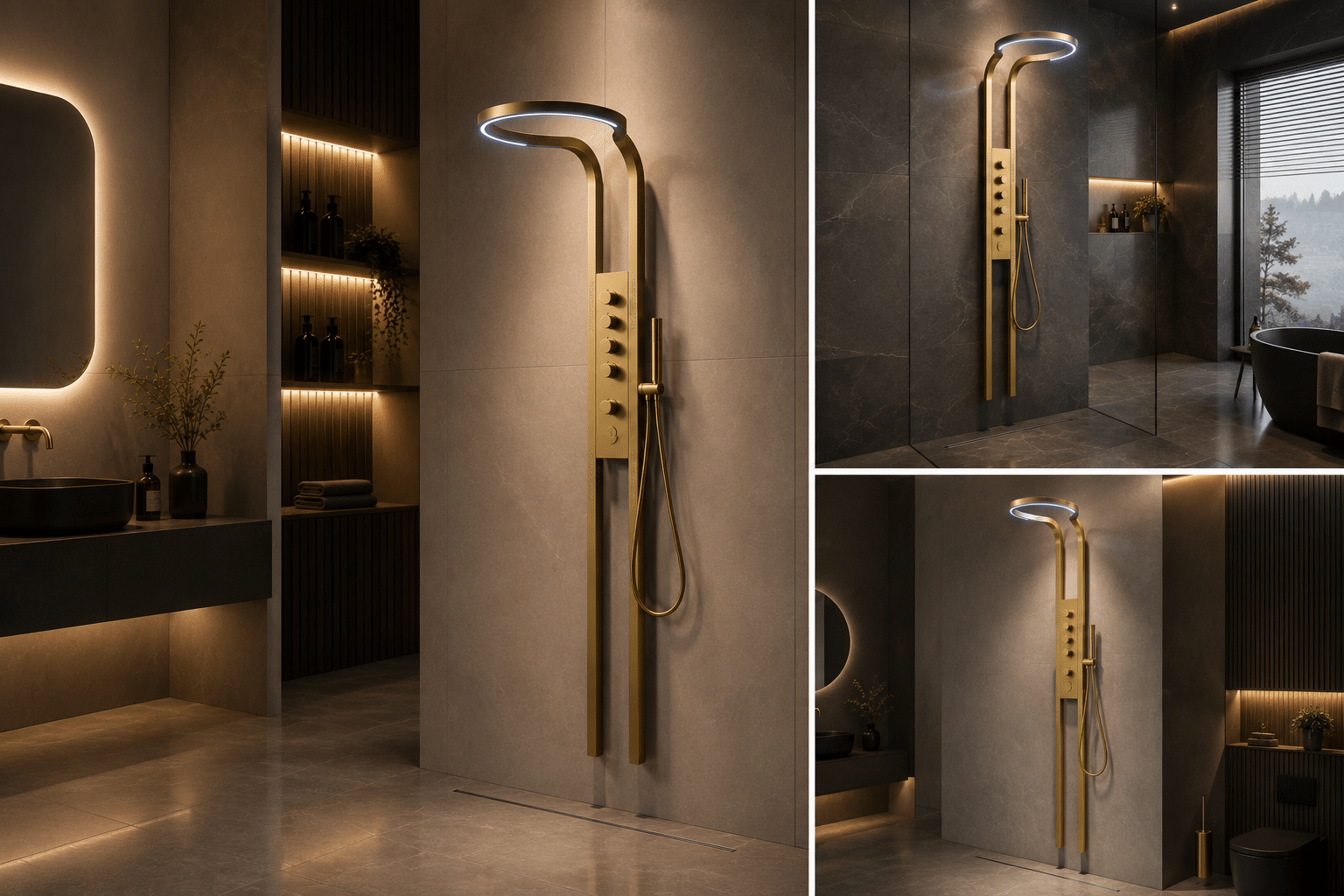 Panel de Dus Lux Imperial cu LED Inclus, Efect de Ploaie, 5 Functii Apa, Auriu