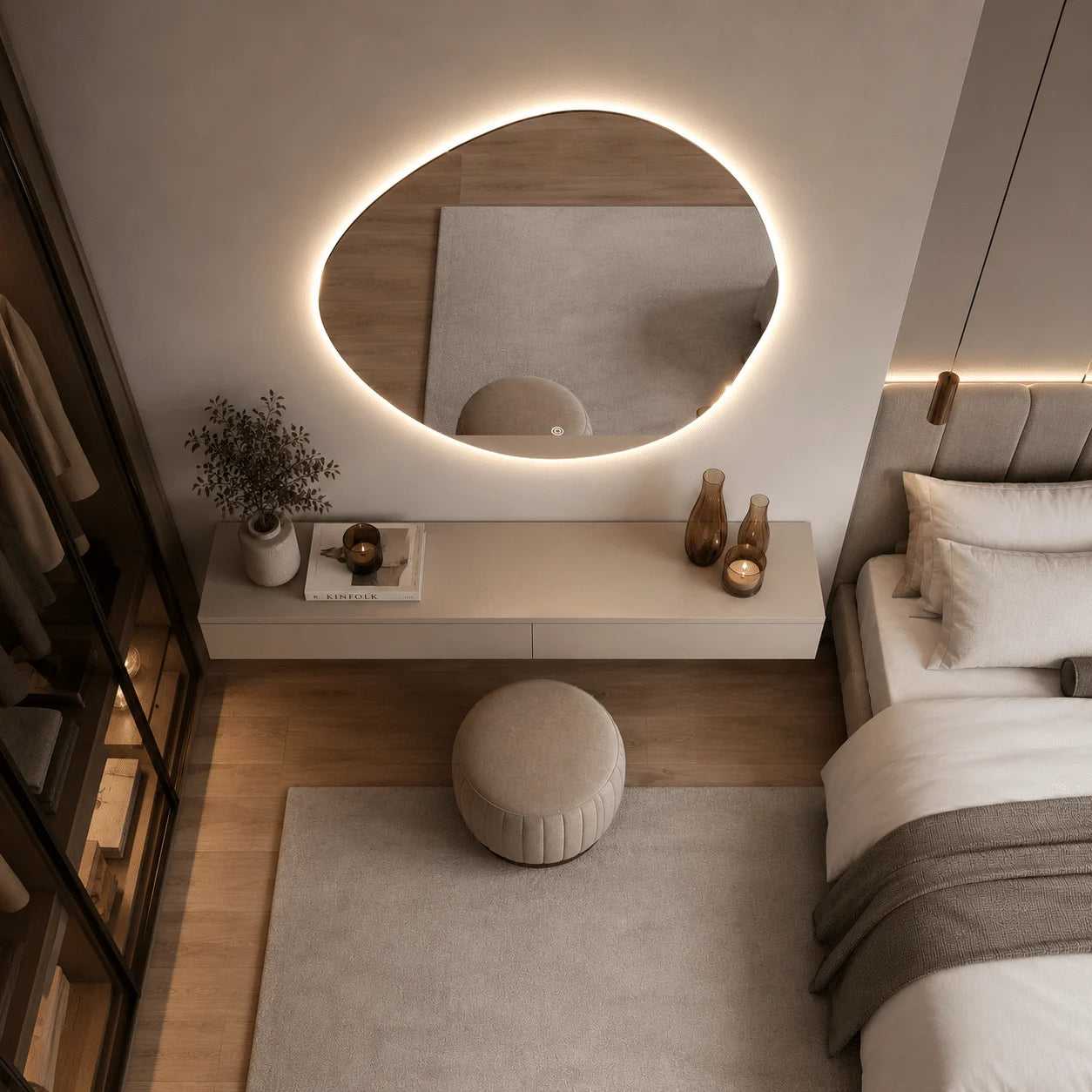Oglindă LED Asimetrică Premium 80×80 cm, Lumină Spate, 3 Tipuri de Lumină – Calda, Rece, Neutra