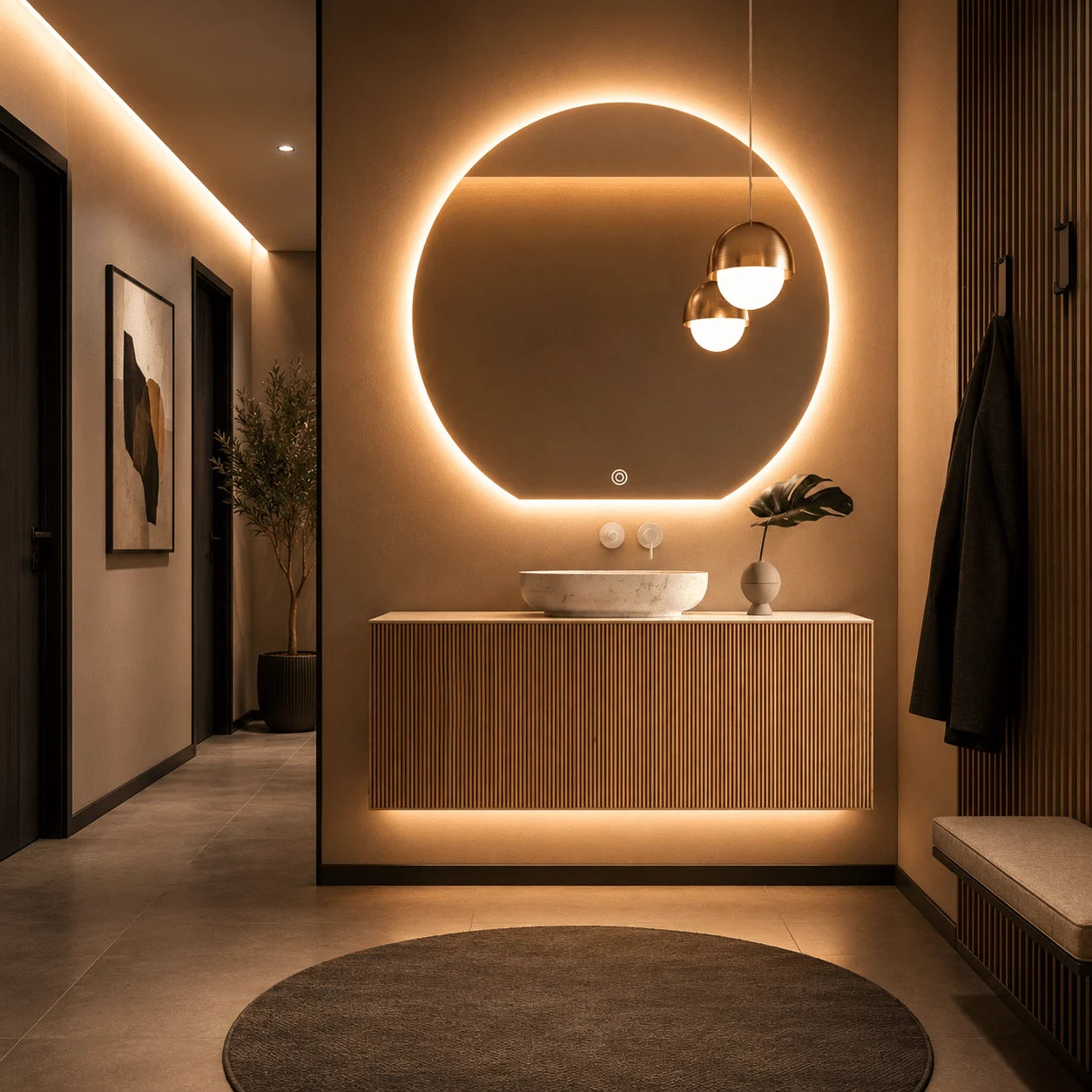 Oglindă LED Premium Semirotundă, Bază Dreaptă, 80×75 cm, Touch, Dimabilă, 3 Tipuri de Lumină, Copper-Free