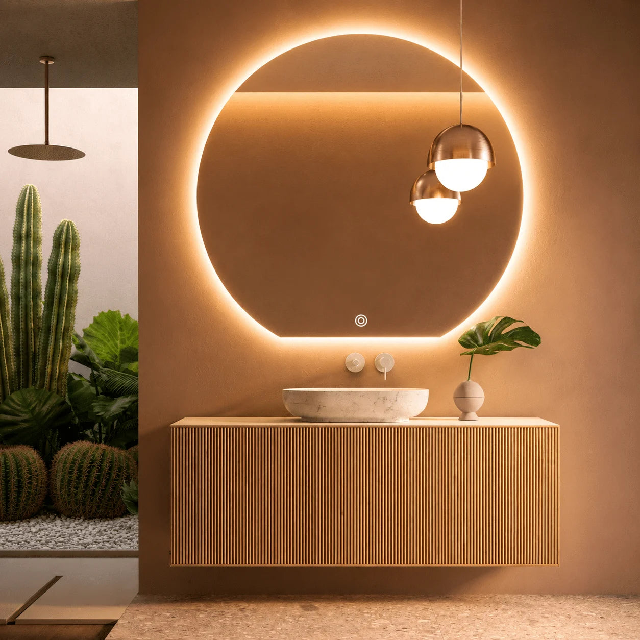 Oglindă LED Premium Semirotundă, Bază Dreaptă, 80×75 cm, Touch, Dimabilă, 3 Tipuri de Lumină, Copper-Free