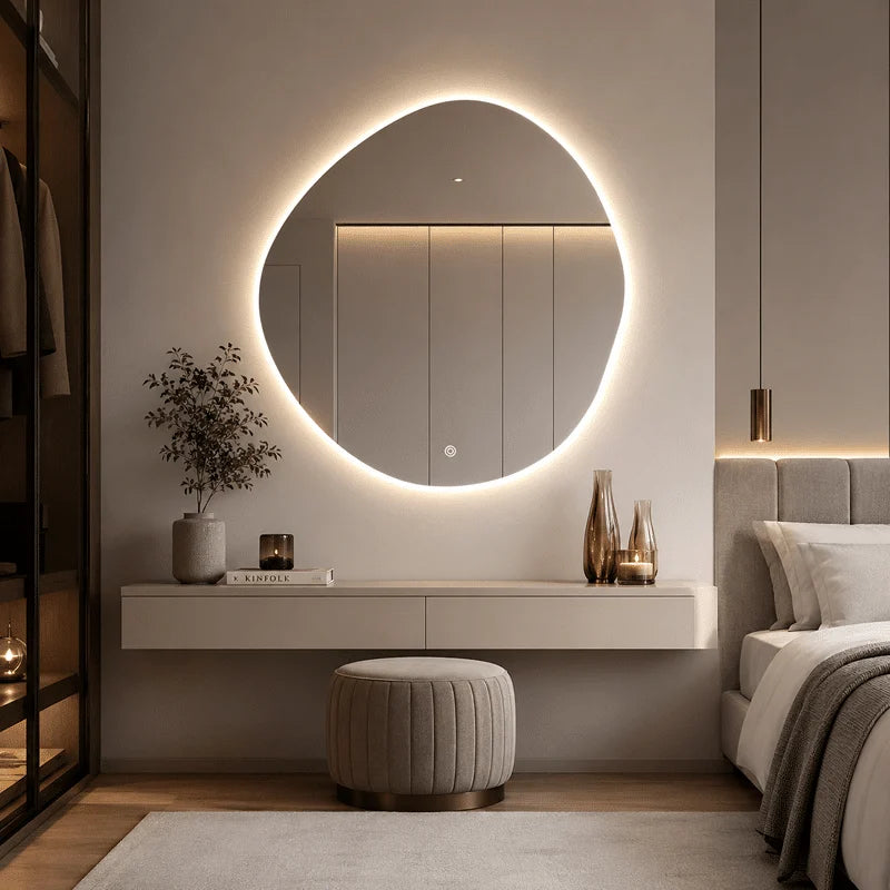 Oglindă LED Asimetrică Premium 80×80 cm, Lumină Spate, 3 Tipuri de Lumină – Calda, Rece, Neutra