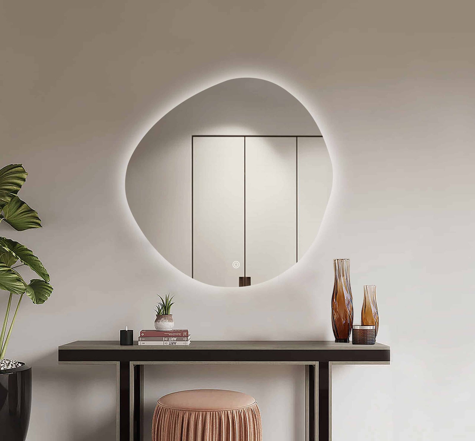 Oglindă LED Asimetrică Premium 80×80 cm, Lumină Spate, 3 Tipuri de Lumină – Calda, Rece, Neutra