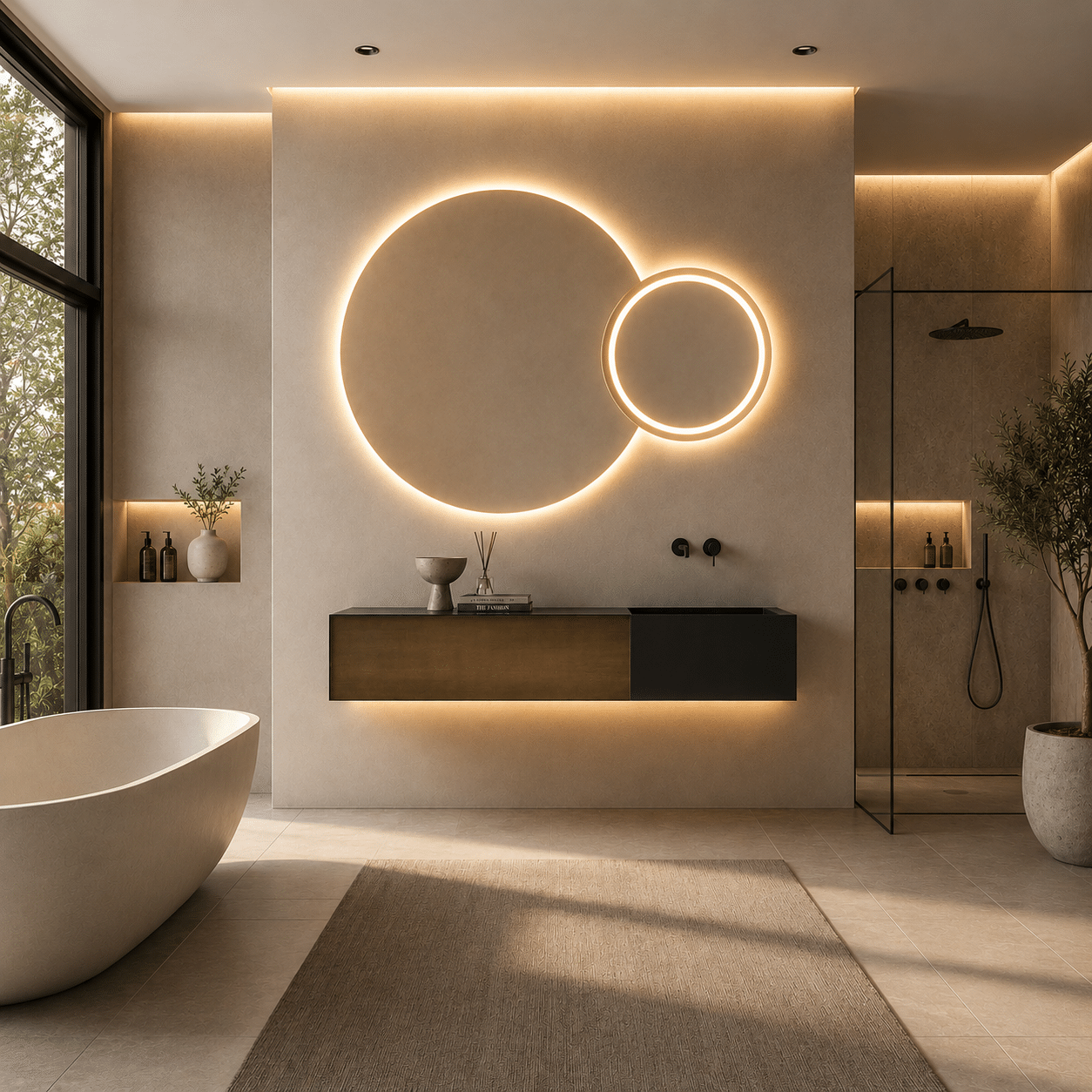 Oglindă LED Premium 2 Cercuri Suprapuse, Lumina Fata – Spate, 120x80x60 cm, Dimabilă, 3 Tipuri de Lumină, Touch, Copper-Free