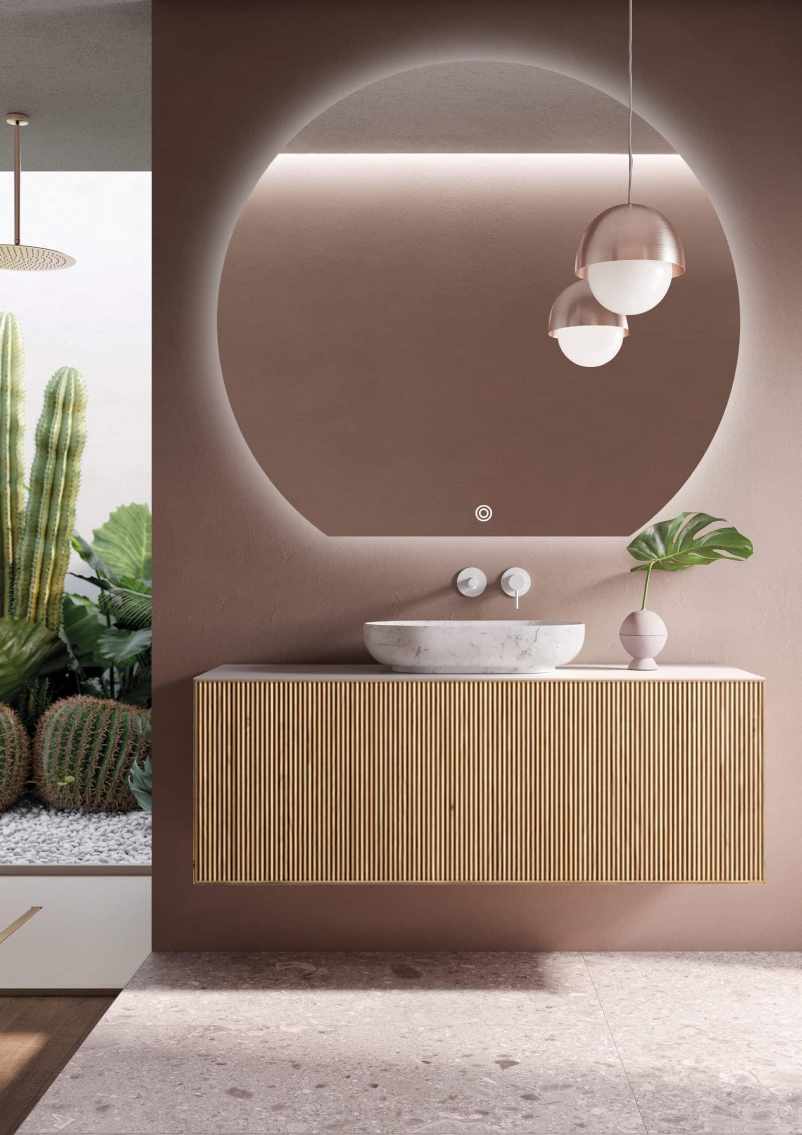 Oglindă LED Premium Semirotundă, Bază Dreaptă, 80×75 cm, Touch, Dimabilă, 3 Tipuri de Lumină, Copper-Free