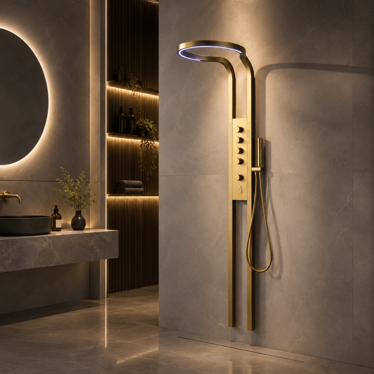 Panel de Dus Lux Imperial cu LED Inclus, Efect de Ploaie, 5 Functii Apa, Auriu