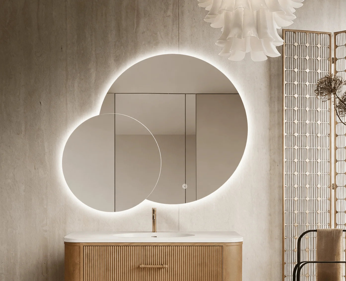 Oglindă LED Premium 2 Cercuri Suprapuse, 120x80x60 cm, Dimabilă, 3 Tipuri de Lumină, Touch, Copper-Free