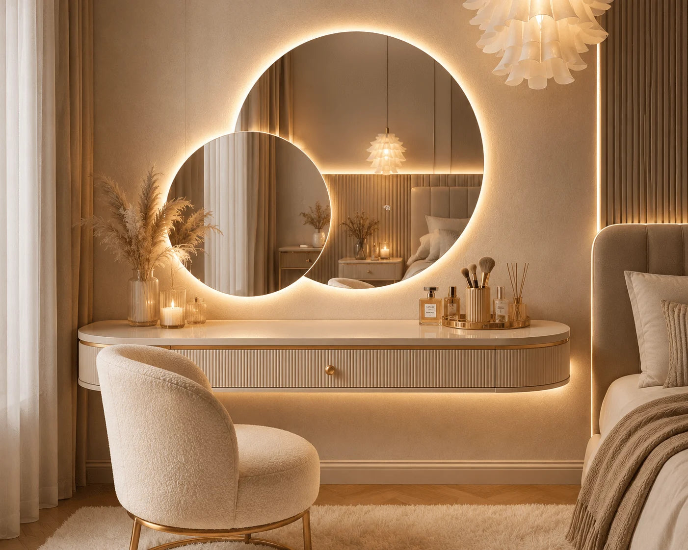 Oglindă LED Premium 2 Cercuri Suprapuse, 120x80x60 cm, Dimabilă, 3 Tipuri de Lumină, Touch, Copper-Free