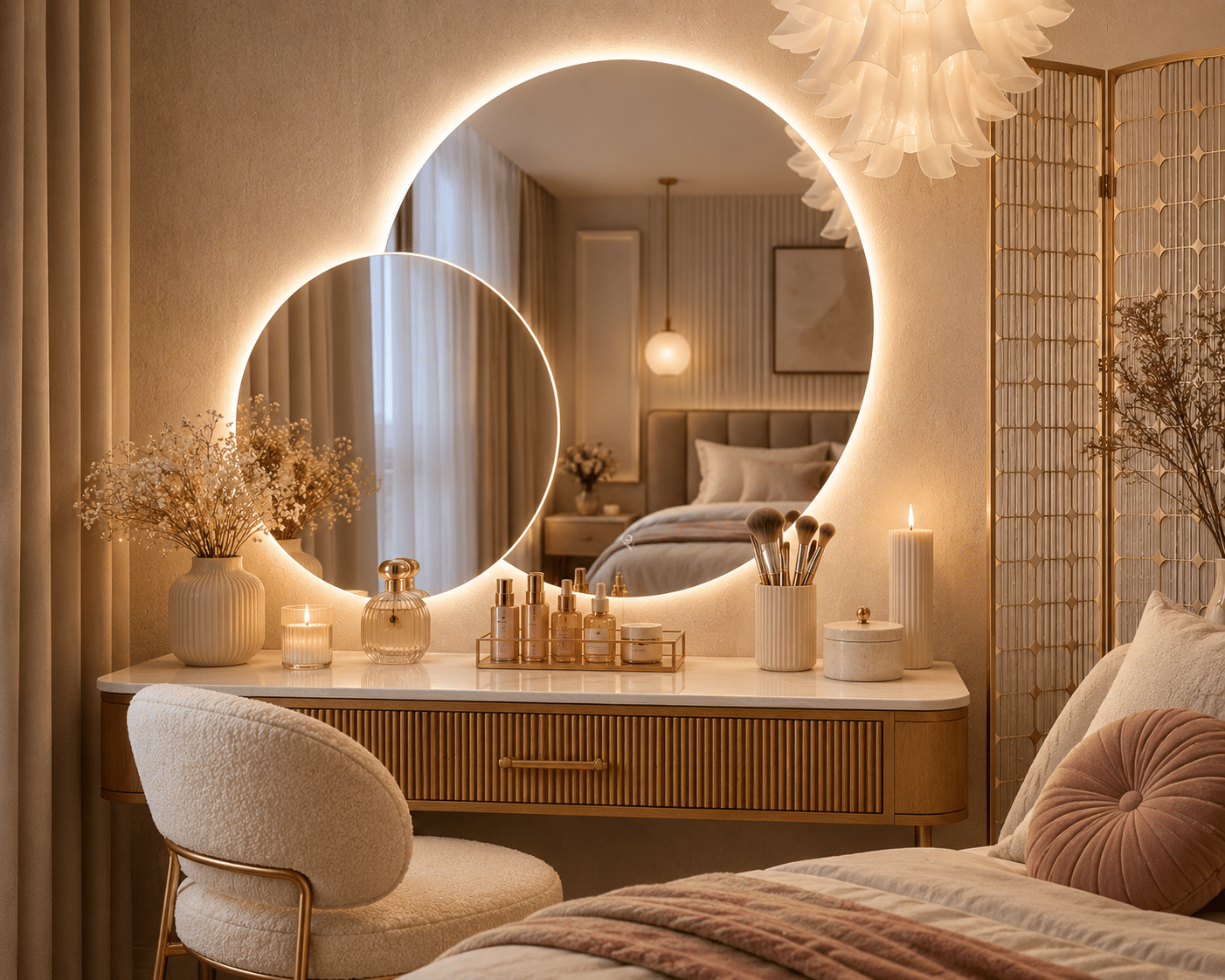 Oglindă LED Premium 2 Cercuri Suprapuse, 120x80x60 cm, Dimabilă, 3 Tipuri de Lumină, Touch, Copper-Free