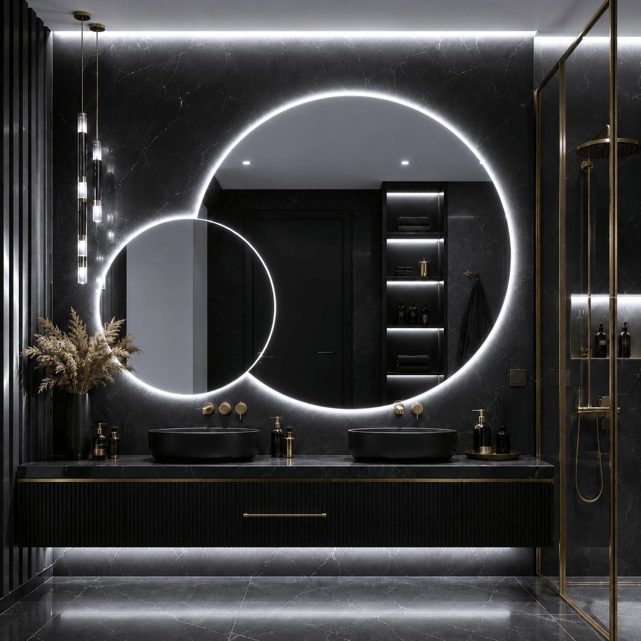 Oglindă LED Premium 2 Cercuri Suprapuse, 120x80x60 cm, Dimabilă, 3 Tipuri de Lumină, Touch, Copper-Free