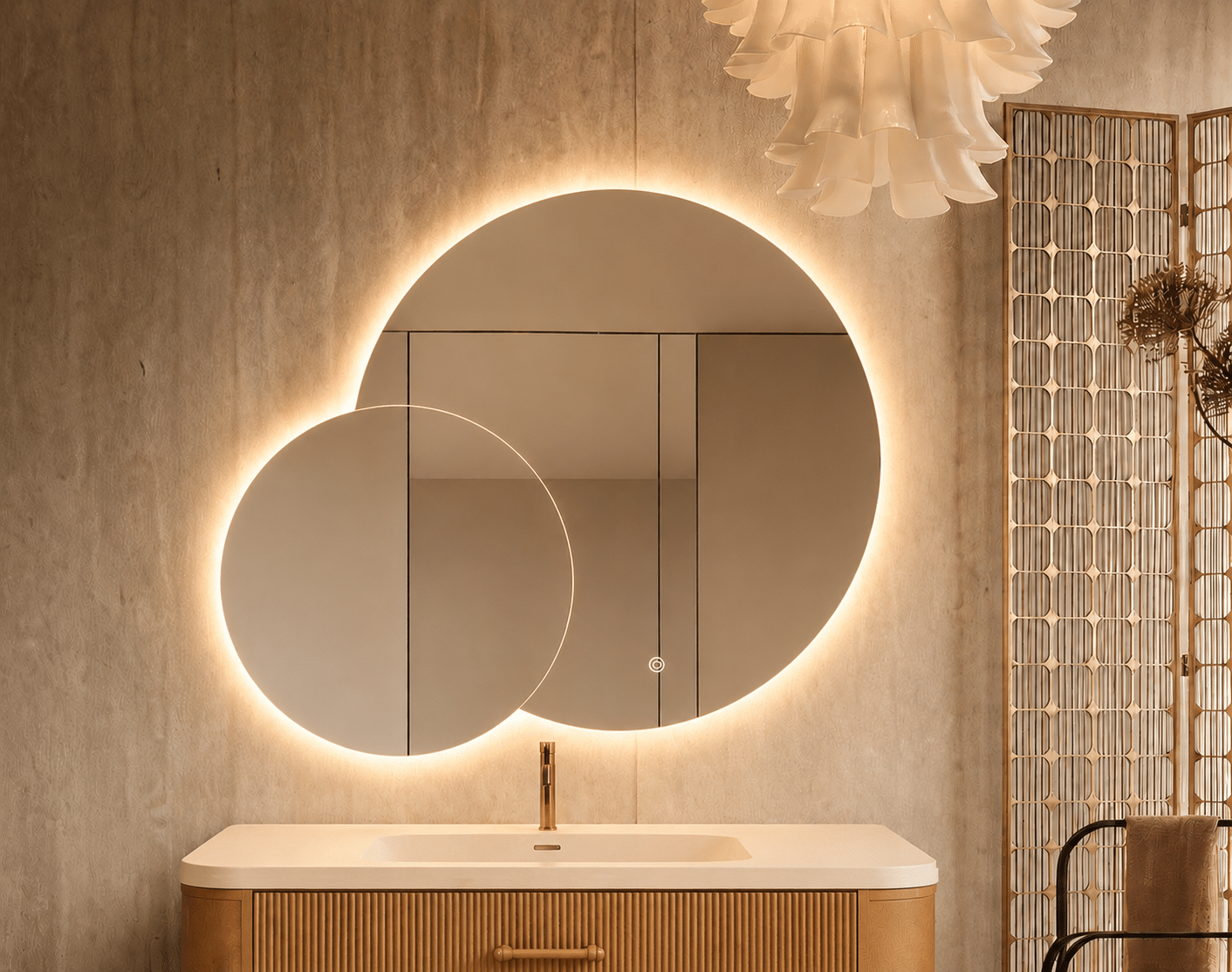 Oglindă LED Premium 2 Cercuri Suprapuse, 120x80x60 cm, Dimabilă, 3 Tipuri de Lumină, Touch, Copper-Free