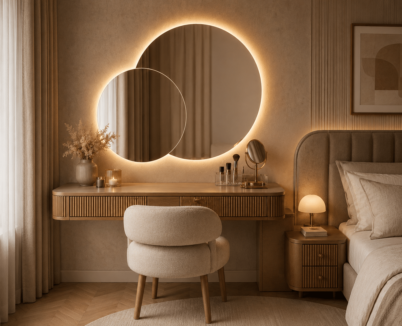 Oglindă LED Premium 2 Cercuri Suprapuse, 120x80x60 cm, Dimabilă, 3 Tipuri de Lumină, Touch, Copper-Free