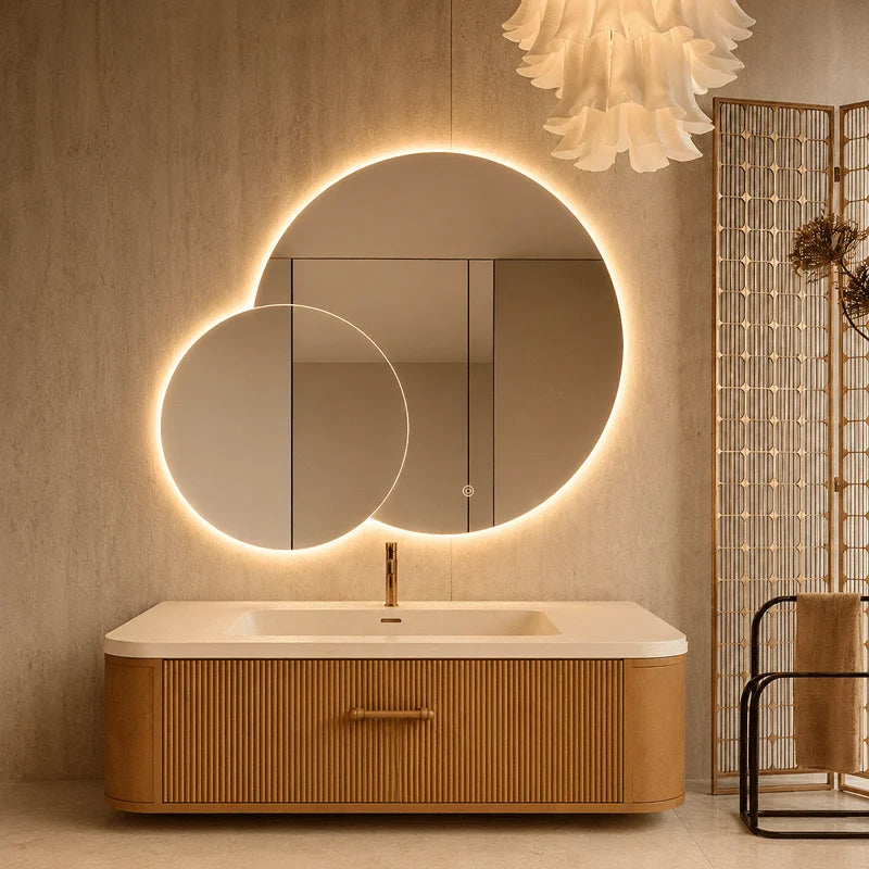 Oglindă LED Premium 2 Cercuri Suprapuse, 80x65x50 cm, Dimabilă, 3 Tipuri de Lumină, Touch, Copper-Free