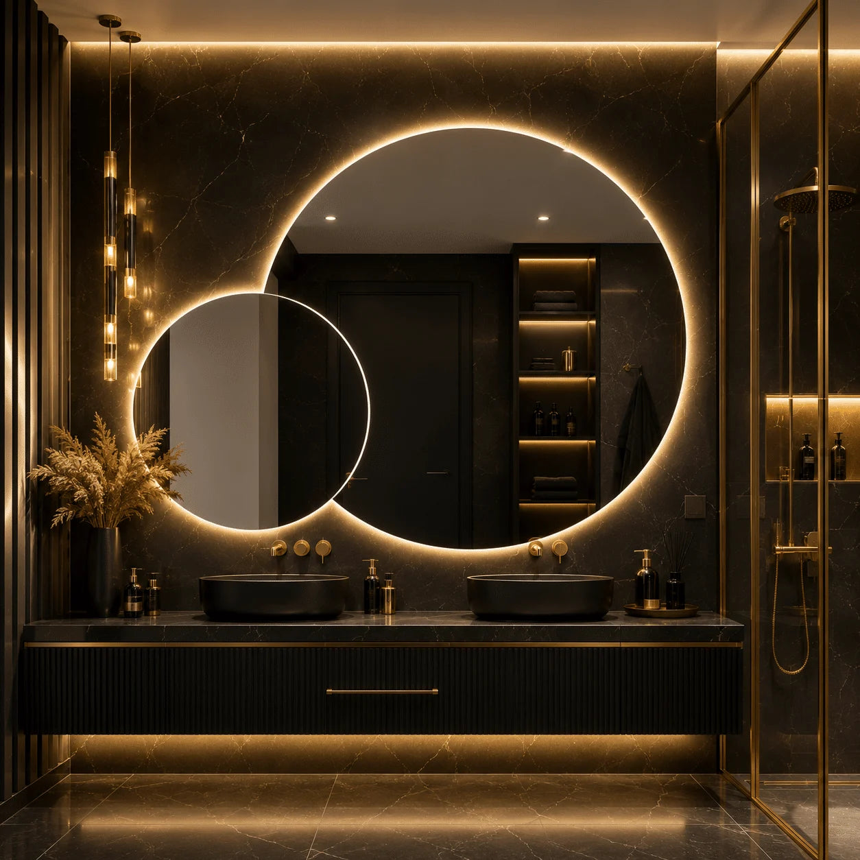 Oglindă LED Premium 2 Cercuri Suprapuse, 80x65x50 cm, Dimabilă, 3 Tipuri de Lumină, Touch, Copper-Free