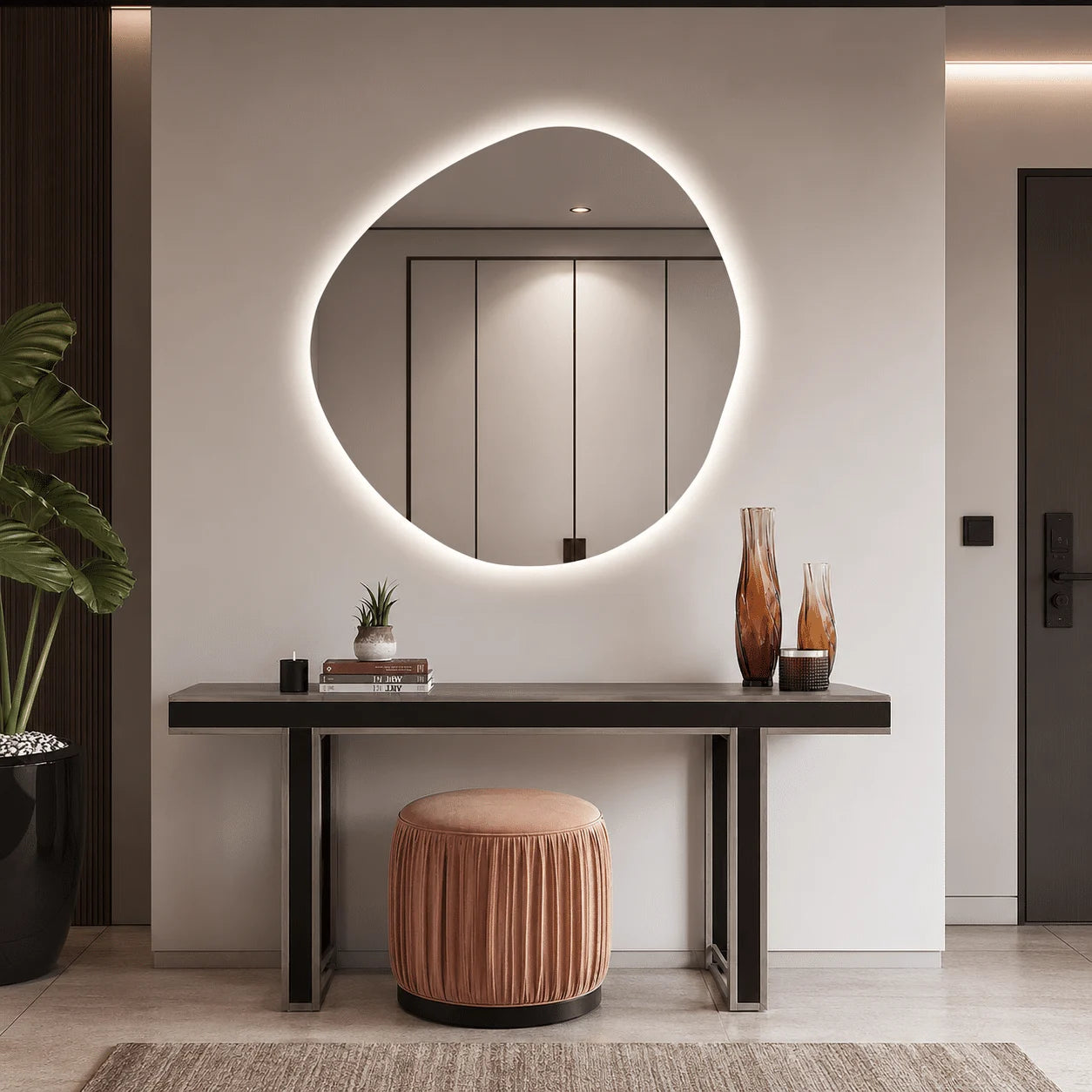 Oglindă LED Asimetrică Premium 80×80 cm, Lumină Spate, 3 Tipuri de Lumină – Calda, Rece, Neutra