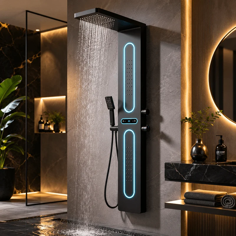 Panel de Dus cu Efect de Ploaie si Jeturi cu Masaj, Display si LED Incorporat, Negru Mat