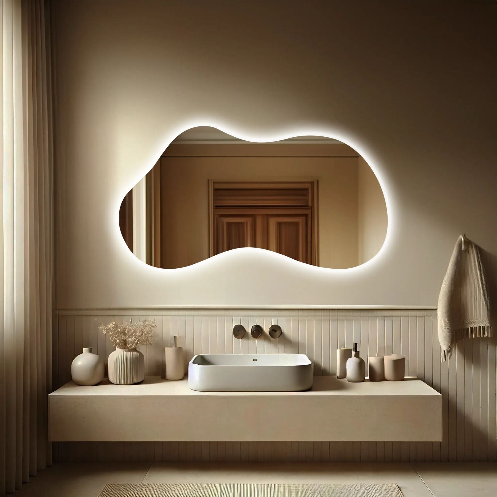 Oglinda LED Asimetrica Premium 140×80 cm, Touch, 3 Tipuri Lumina – Calda, Rece, Naturala